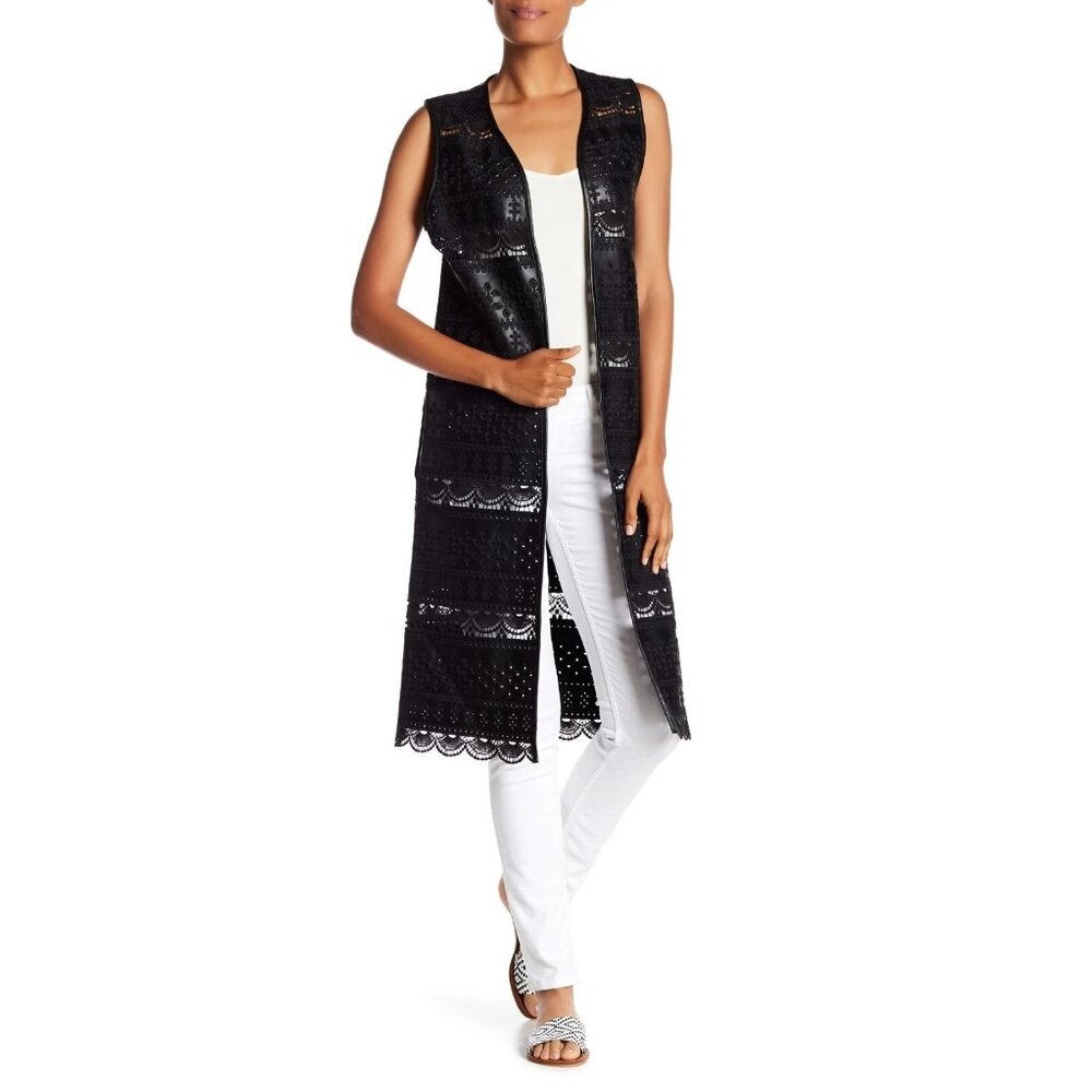 DOLCE CABO Black Long Faux Leather Vest Duster Topper M Medium $275 NWT